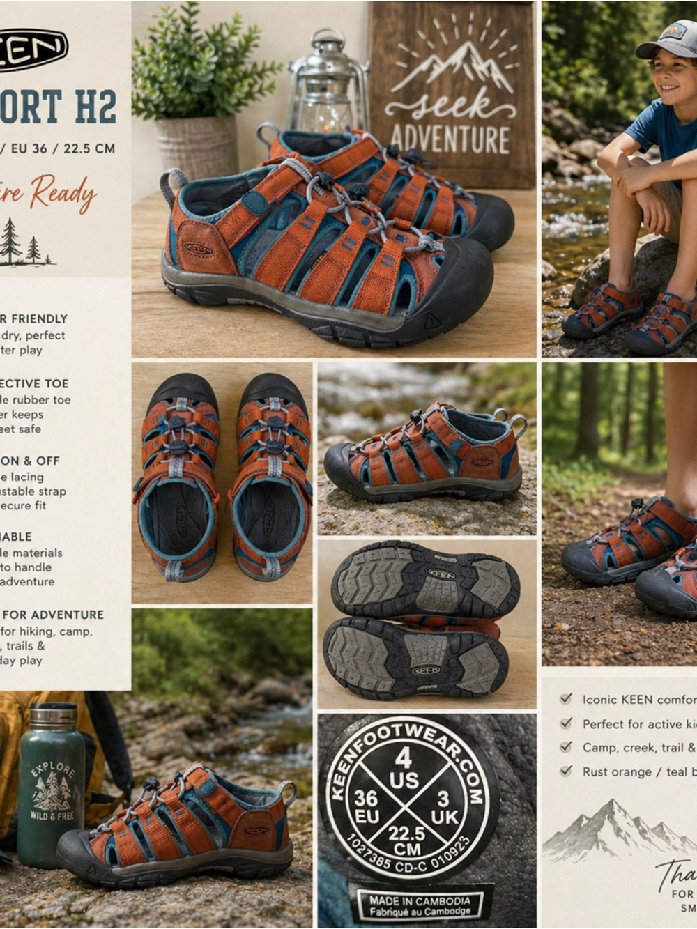 KEEN Newport H2 Big Kid Youth 4 Rust Orange Teal Closed Toe Water Hiking Sandals